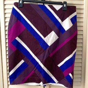 Ann Taylor Geo-Print knee-length skirt in purple/blue/white, size 12P
